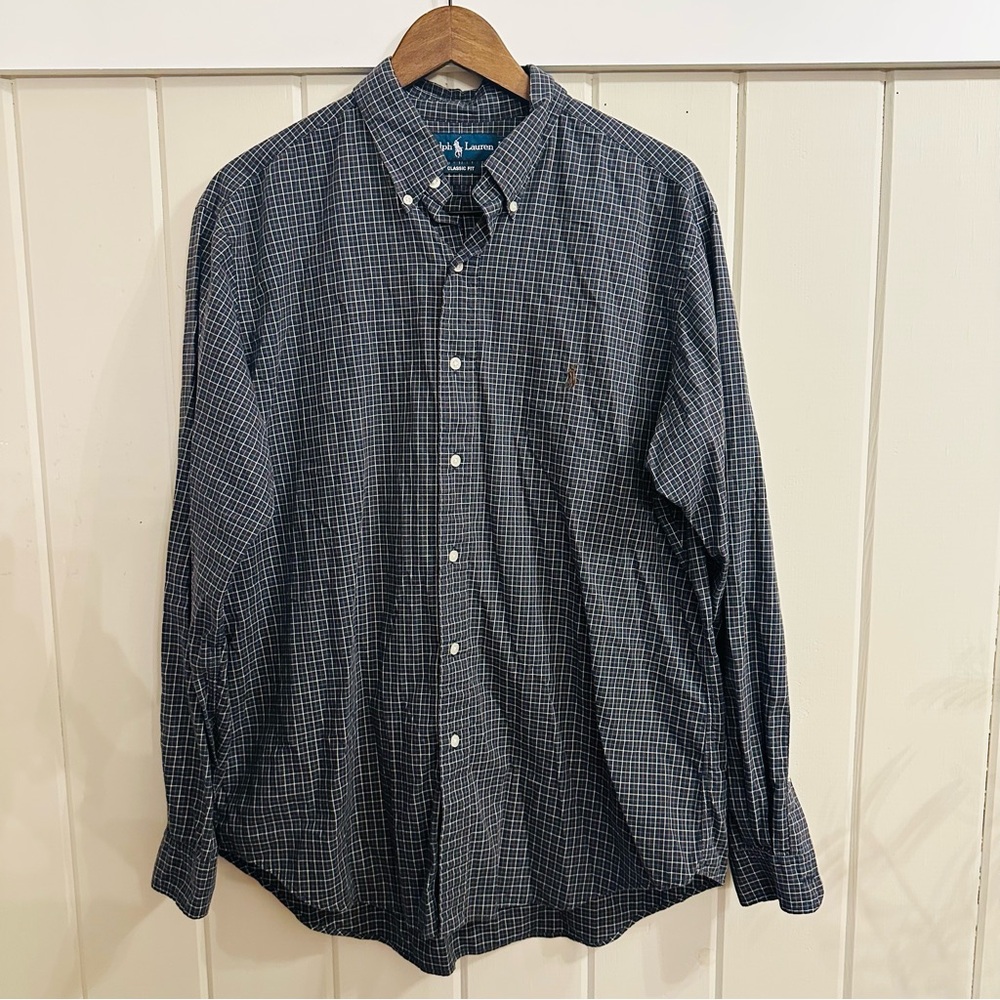 Ralph Lauren Men's Navy Brown and White Checkered Button Down Shirt, Size Large